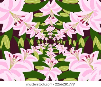 Seamless pattern with pink lily on viva magenta background. Endless backdrop with flowers. Wallpaper and fabric print.