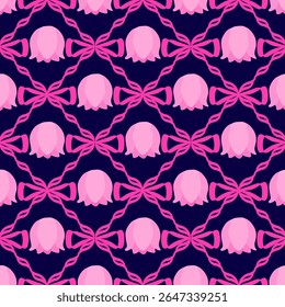 Seamless Pattern with Pink Lily of the Valley Flowers on Dark Background