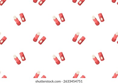 Padrão contínuo com bálsamo labial rosa sobre fundo branco. Ilustração vetorial de desenho animado de batom hidratante