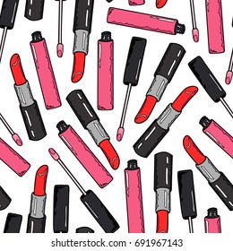 Seamless pattern pink lip gloss and red lipstick on white background. Hand drawing. Vector illustration in a cartoon style.