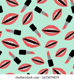 Seamless pattern with pink lips with dental braces and lipsticks