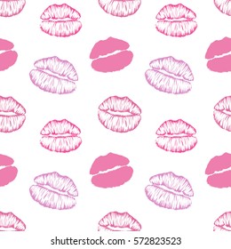 Seamless pattern with pink lips imprints  isolated on white background.