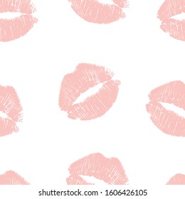 Seamless pattern pink lips kisses prints. Valentines day background