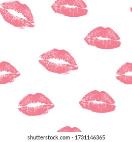 Seamless Pattern Pink Lips Kisses Prints. Valentines Day Background