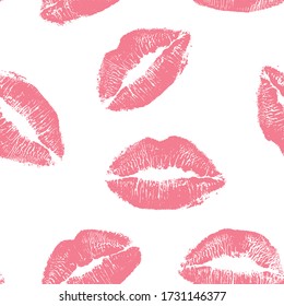 Seamless pattern pink lips kisses prints. Valentines day background