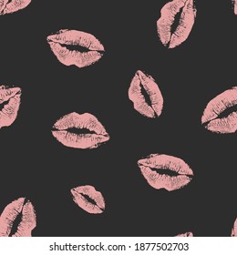 Nahtlose Muster rosa Lippen küssen Ausdrucke auf dunklem Hintergrund. Valentinstag-Textur