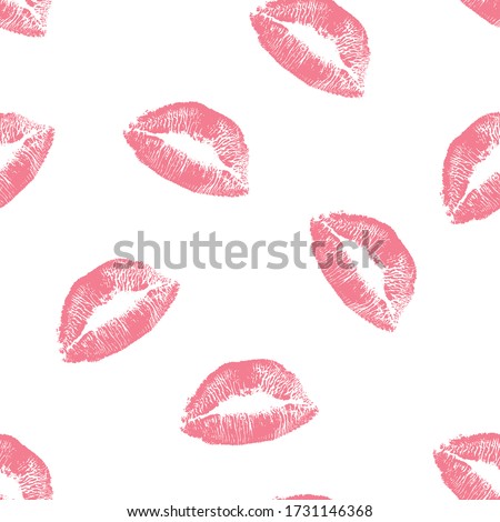Seamless pattern pink lips kisses prints. Valentines day background