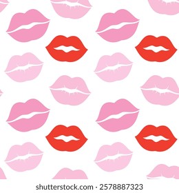 seamless pattern of pink lips kissing prints, print with colorful lips isolated on white, valentines day background, holiday design for fabric, wrapping paper, greeting cards