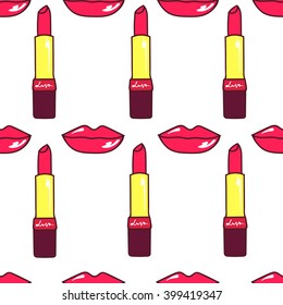 Seamless pattern with pink lips and lipstick.  Vector illustration.