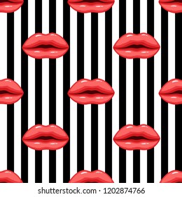 Seamless pattern pink lips on striped background