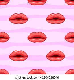 Seamless pattern pink lips on striped background