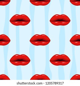 Seamless pattern pink lips on striped background
