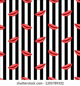 Seamless pattern pink lips on striped background