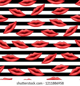 Seamless pattern pink lips on striped background