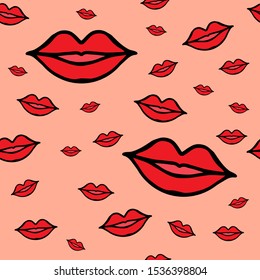 Seamless pattern with pink lips on the background. Hand-drawn cartoon style. Valentine's Day. Festive design