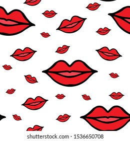 Seamless pattern with pink lips on a white background. Hand-drawn cartoon style. Valentine's Day. Festive design