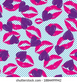 Seamless pattern of a pink lips and violet hearts on light blue background. Vector illustration for Valentines Day