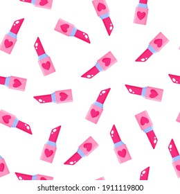 Seamless pattern of pink lipstick with heart for the wedding or Valentine's Day. Cartoon vector isolated design for wallpaper, wrapping paper, textile, etc.