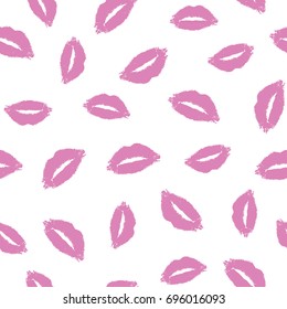Seamless pattern of pink lipstick kiss on white background. Vector flat illustration for design. Printing of the lips.