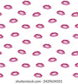 Seamless pattern with pink lipstick kisses. Imprints of lipstick, prints of lips. Vector background.