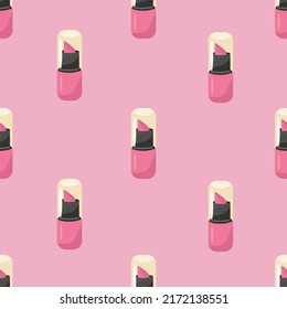 Seamless pattern with pink lipstick vector . Colored background with accessories. Pink lipstick on pastel pink background. Vector illustration