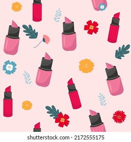 Seamless pattern with pink lipstick vector . Colored background with accessories. Pink lipstick on pastel pink background. Vector illustration