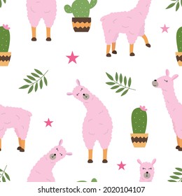 Seamless pattern with pink llamas, cacti and leaves on a white background. Vector illustration in cartoon style for wallpaper, children's clothing or bed linen