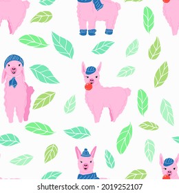 Seamless pattern with pink llamas in hats and socks. And around the leaf of the tree.
