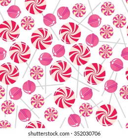 Seamless pattern with pink lollipops. Pink tasty candies isolated on white background. Delicious sweet treat. Confectionery bonbon. Decorative paper. Caramel dessert. Vector design illustration