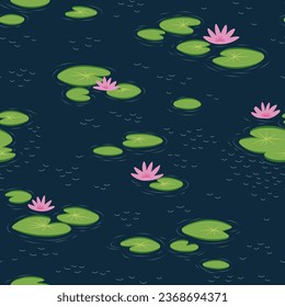 Seamless pattern with pink Lotus flowers and leaves on dark background. Vector illustration. Floral print with aquatic plants.3