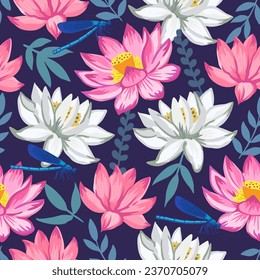 Seamless pattern with pink lotus flowers. Detailed realistic vector illustration