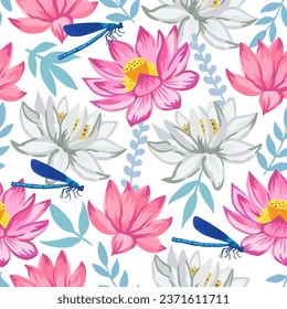 Seamless pattern with pink lotus flowers. Detailed realistic vector illustration