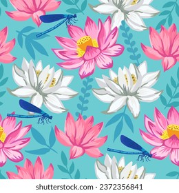 Seamless pattern with pink lotus flowers. Detailed realistic vector illustration