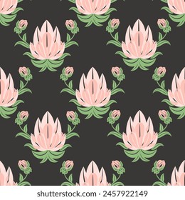 Seamless pattern, pink lotus flowers on a dark background. Background, wallpaper, textiles, vector