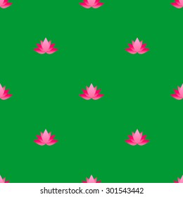 Seamless pattern of pink lotus flowers on a bright green background.