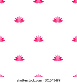 Seamless pattern of pink lotus flowers on a white background.