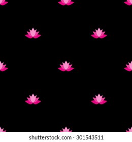 Seamless pattern of pink lotus flowers on a black background.