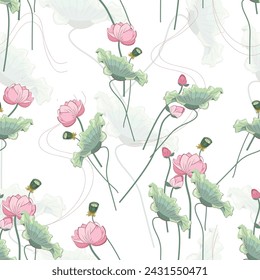 Nahtlose, Muster rosa Lotus und grünes Blatt mit weißem Hintergrund