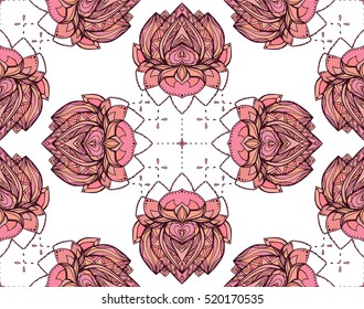 Seamless pattern with pink lotus. Vector element for wraps, wallpaper, fabric and your creativity. Element for spa, yoga studio, beauty center