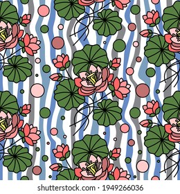 SEAMLESS PATTERN WITH PINK LOTUSES ON THE WATER IN VECTOR