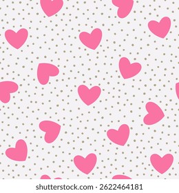 Seamless pattern with pink love hearts and small dots on a light background. Romantic and cute design. Valentine’s Day and love theme for wallpapers, greeting cards, and textiles