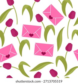 Patrón sin fisuras con letras de amor rosadas y tulipanes, tema romántico floral lindo en formato de Vector plano, ideal para papelería de San Valentín, envoltura de regalo, fondos y proyectos de diseño decorativo.