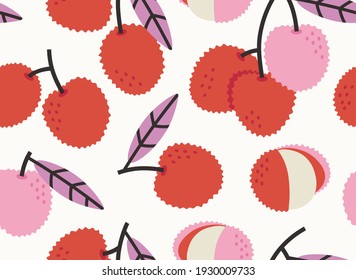 Seamless pattern of pink lychee background elements isolated on beige. Concept of healthy eating. Suitable for wallpaper, fabric, print design. Hand-drawn illustration in flat style.