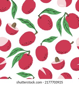 Seamless pattern with pink lychee and slices. Hand drawn lychee pattern on white background. for fabric, drawing labels, print, wallpaper of children's room, fruits background