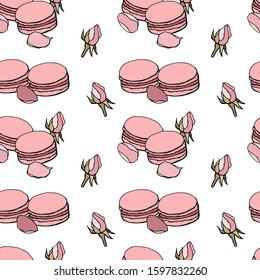Seamless pattern with pink macaroons and roses, hand drawn elements on white background.