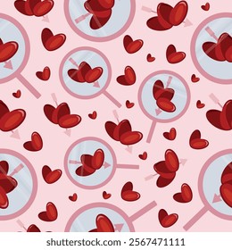 seamless pattern with pink magnifying glass icon and love hearts with cupid's pink arrow arranged randomly on pink background, valentine's day pattern