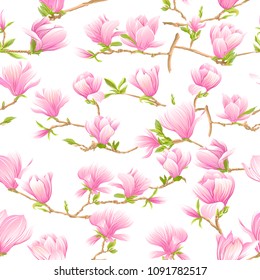 Seamless pattern with  pink magnolia flowers. Vector illustration. Isolated on white background.