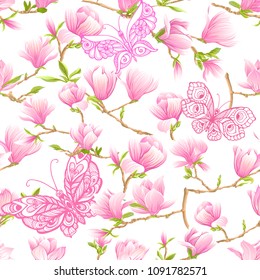 Seamless pattern with  pink magnolia flowers and butterflies. Vector illustration. Isolated on white background.