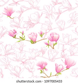 Seamless pattern with  pink magnolia flowers. Vector illustration. Isolated on white background. Colored and outline design.
