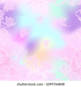 Seamless pattern with  pink magnolia flowers. Vector illustration. Outline drawing. In light ultra violet pastel colors on mesh pink, blue background 